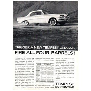 1962 Pontiac Tempest Lemans 2 Door 4 Barrels Vintage Print Ad Classic Car Decor